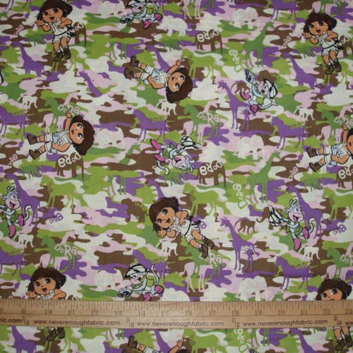 Cotton Fabric DORA the Explorer on purple lilac green brown CAMO